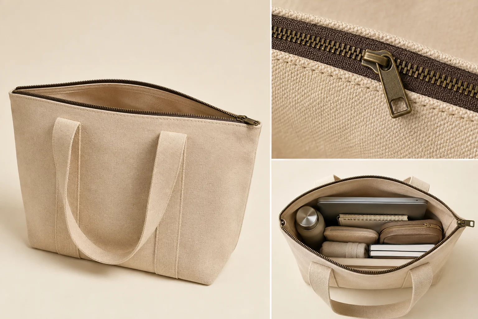 Custom canvas tote bag with a visible top zipper closure