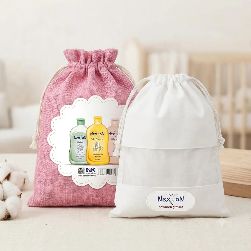 Drawstring bags used as baby-care gift packaging
