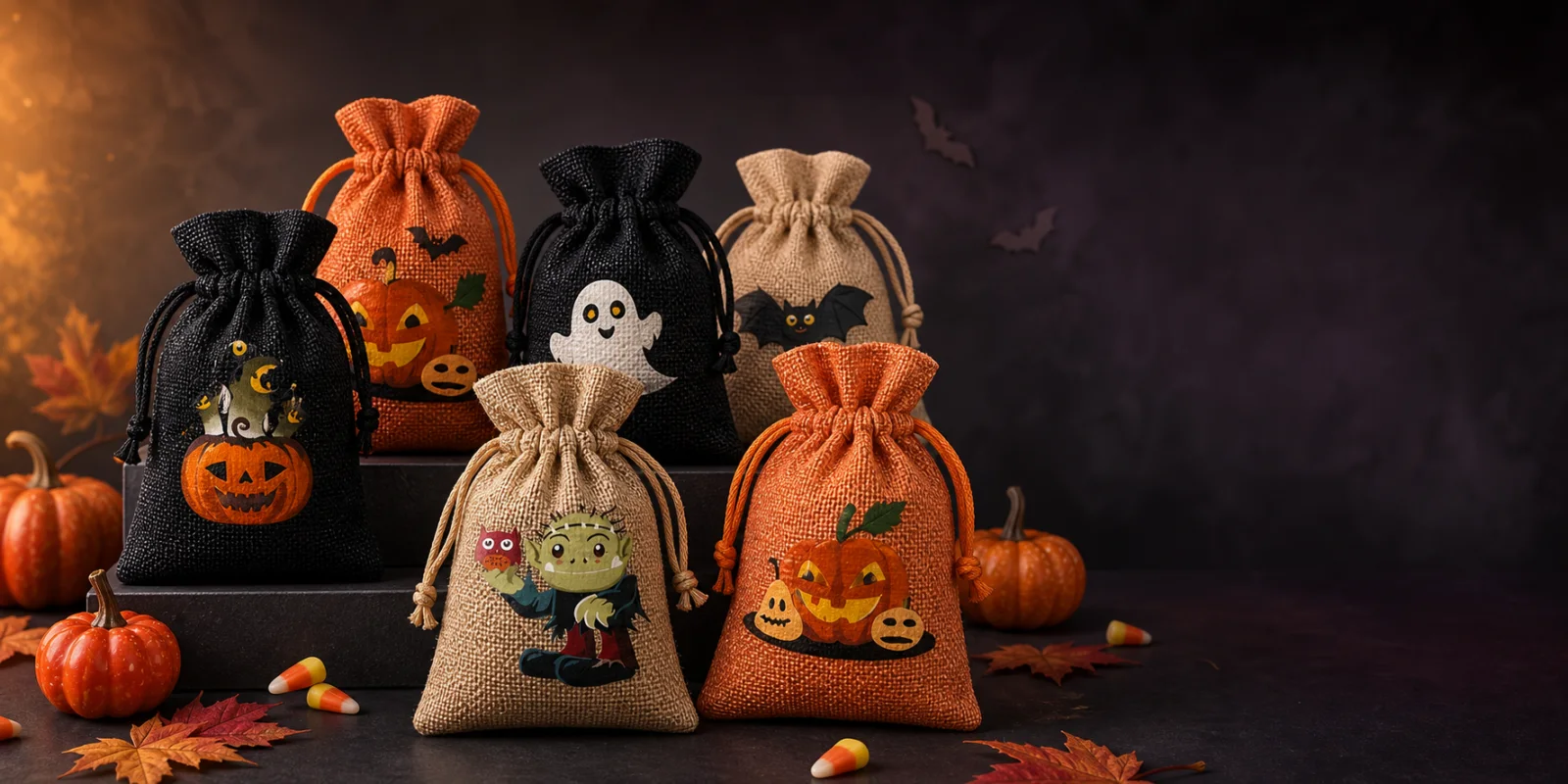 Custom Halloween jute drawstring bags for candy and seasonal gift packaging
