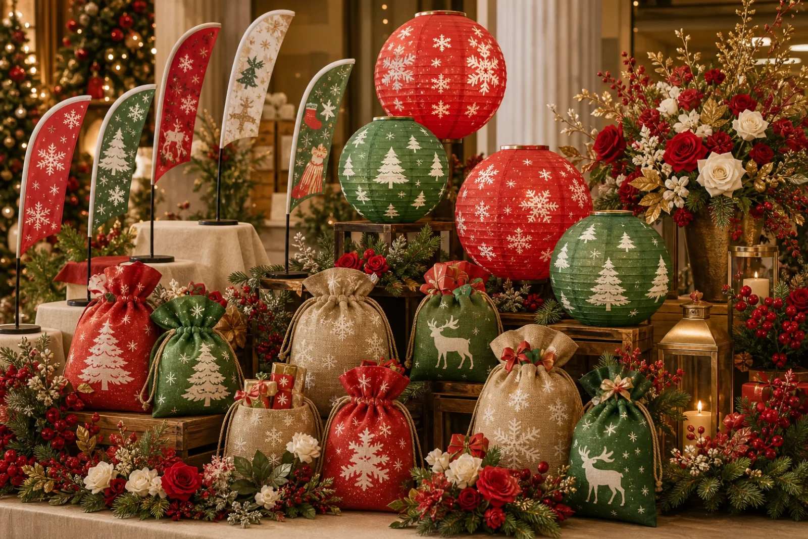 Christmas concept combining pouches, lanterns, flags and artificial flowers