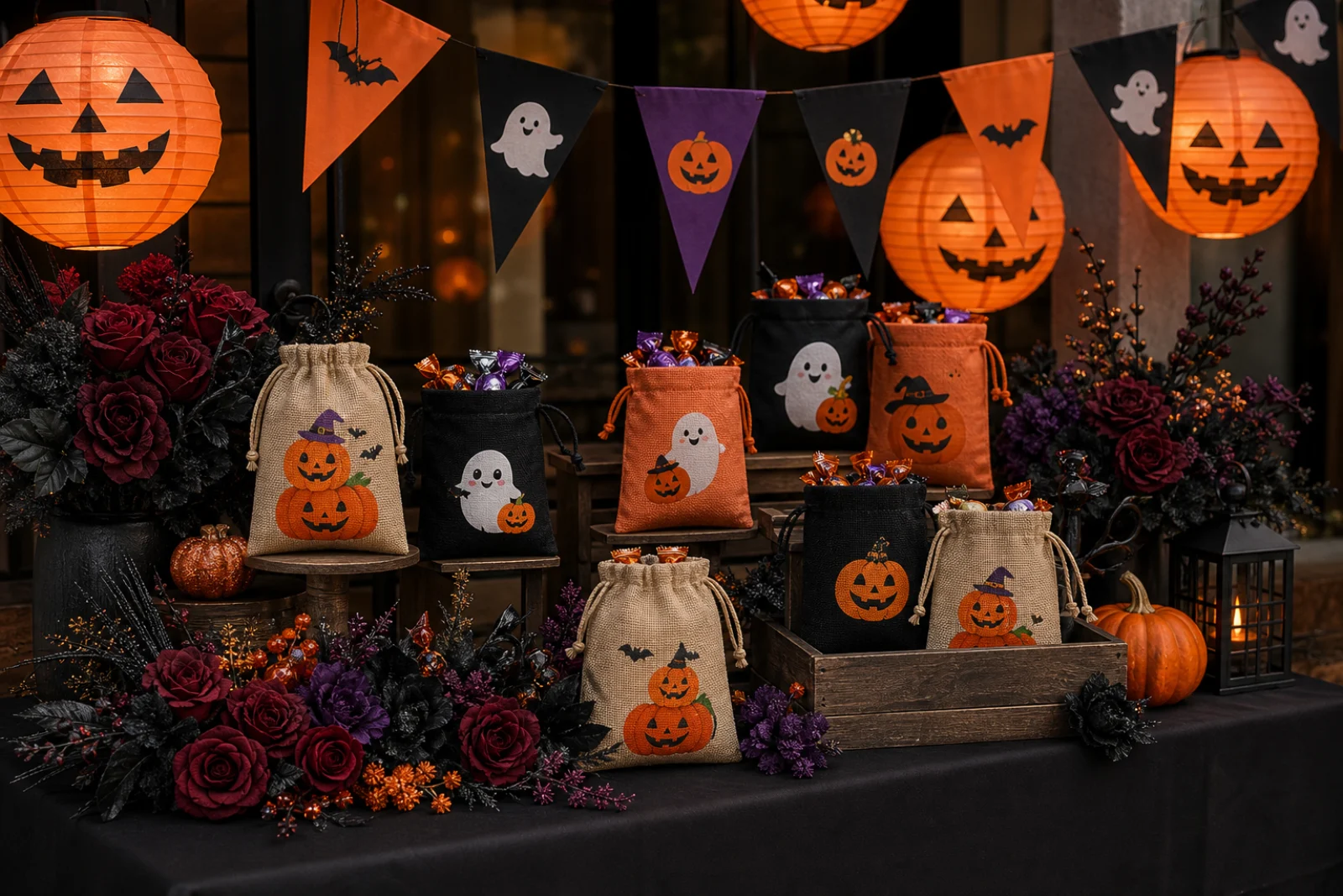 Halloween concept combining pouches, lanterns, flags and artificial flowers