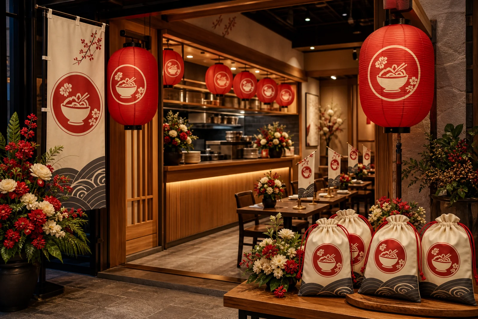 Restaurant events concept combining pouches, lanterns, flags and artificial flowers