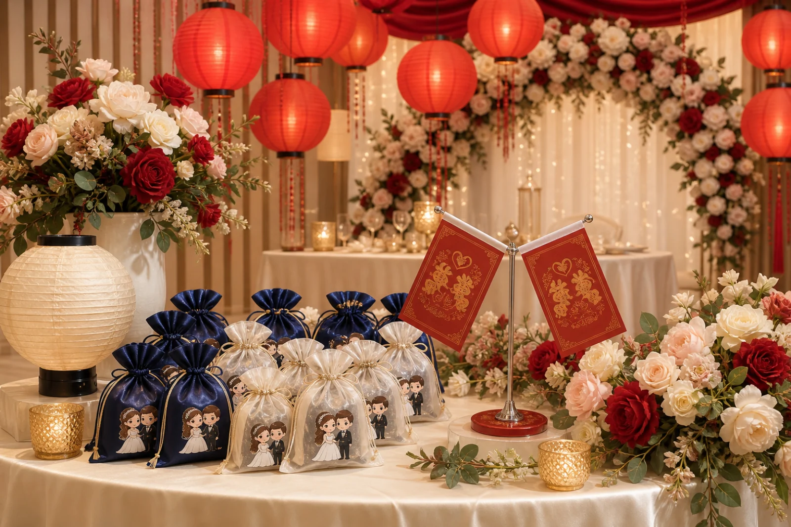 Wedding concept combining pouches, lanterns, flags and artificial flowers